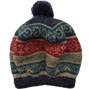 Wool Knit Beanie Pom Colorful Striped Blue Red Vintage Style